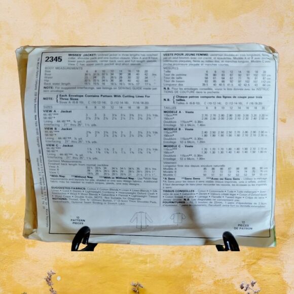 1986 MCCALL'S Easy Sew PATTERN #2345 Misses Unlined Jacket SIZE (12 -16) Uncut - Picture 4 of 4